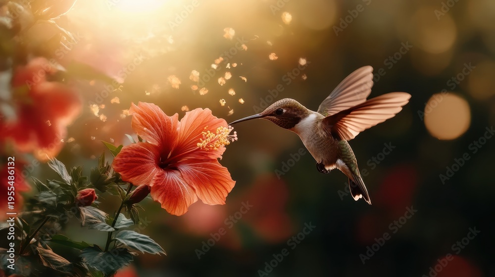 Naklejka premium A vibrant hummingbird captured mid-flight, hovering near a bright hibiscus flower, symbolizing beauty, freedom, and the delicate balance of nature.
