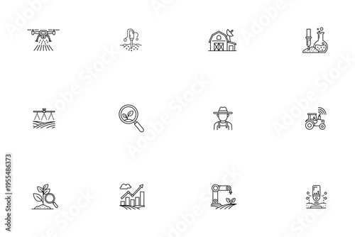 Set of smart agriculture and precision farming line icons for automated farm technology, drone monitoring, data analytics, and sustainable agricultural innovation