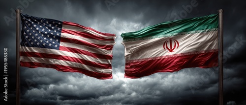 USA and Iran flags waving dramatically against stormy sky in high contrast lighting