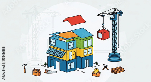 Colorful house under construction with crane and tools illustrating building and architecture concept
