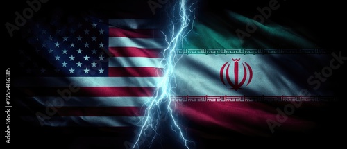 usa and iran flags facing each other with dramatic lightning strike in dark background