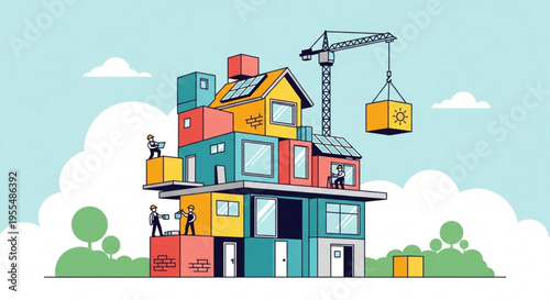 Colorful house construction with people working and crane lifting boxes illustrating teamwork and building process