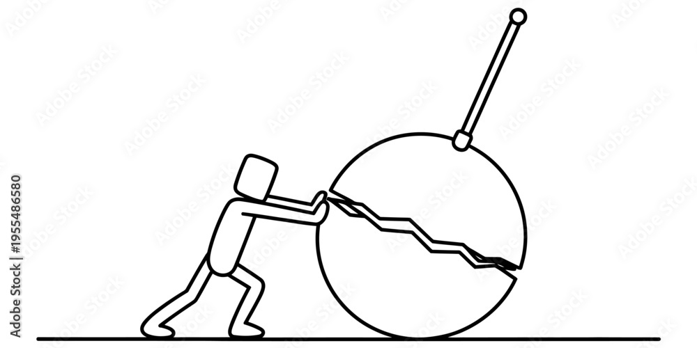 Obraz premium A minimalist line drawing showing a stick figure pushing a large cracked sphere on the ground Vector, illustration