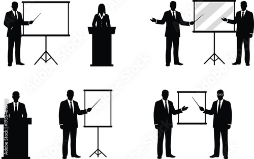 Business presentation silhouettes, male female speaker at flipchart podium whiteboard, pointing teaching explaining conference seminar training vector illustration collection
