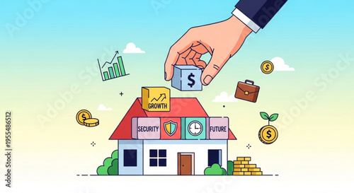 Hand putting money into a house with financial symbols and growing plants around it representing investment and growth