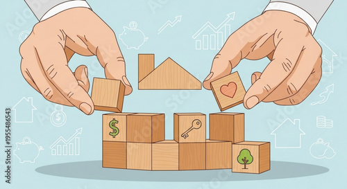 Hands building a house with cardboard blocks representing financial and emotional security