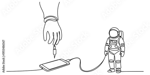 Minimalist continuous line art showing a hand using a stylus on a phone connected to an astronaut. Vector, illustration