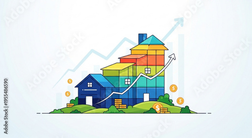 Colorful houses stacked on green hill with rising graph and coins symbolizing real estate growth and financial success
