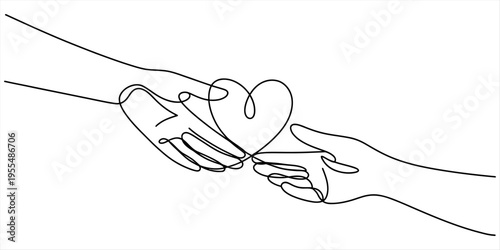 Continuous line drawing of two hands holding a heart, symbolizing love and connection. Vector, illustration