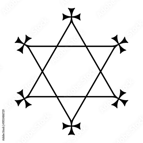 Hexagram shaped pentacle with crosses at the points. Protective sigil in the shape of a six-pointed star or sexagram, with crosses patty on each point. Isolated, black and white illustration. Vector