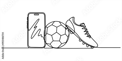 Continuous line drawing of a smartphone next to a soccer ball and a cleat on a white background. Vector, illustration