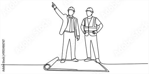 Continuous line drawing of two construction workers analyzing a set of blueprints on a site visit Vector, illustration