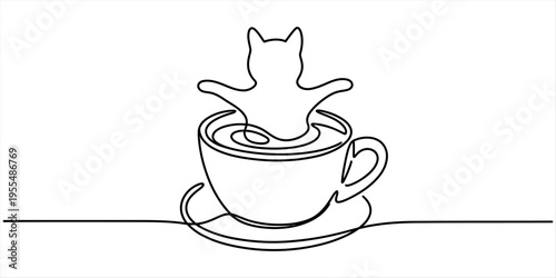 Minimalist continuous line drawing of a cute cat sitting inside a white coffee cup on a saucer. Vector, illustration