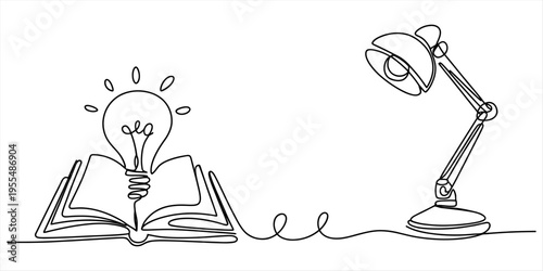 Minimalist continuous line art of an open book with an idea lightbulb and a modern desk lamp. Vector, illustration