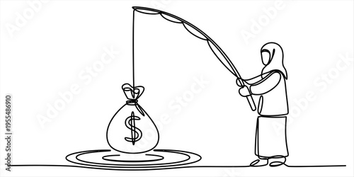 Continuous line drawing of a woman in a hijab fishing for a bag of money with a dollar sign. Vector, illustration