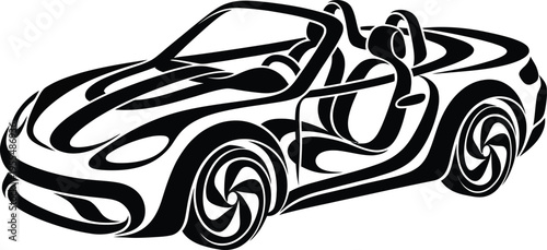 Tribal tattoo style convertible sports car silhouette with curved black swirl patterns and flame shapes