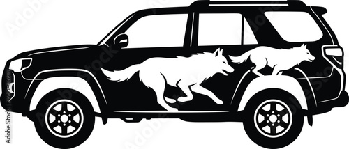 SUV black silhouette with running wolves graphic on transparent background