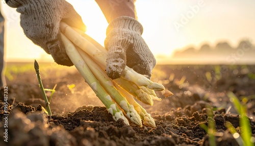 fresh white asparagus harvest in a sunny spring field