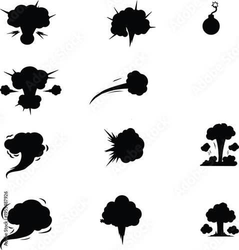 A collection of black silhouette icons depicting various cartoon explosions and bomb related shapes isolated on transparent background, Vector