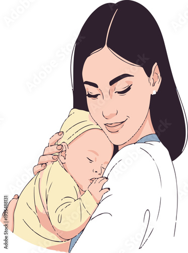 A tender illustration of a loving mother gently holding her sleeping baby in her soft embrace isolated on transparent background, Vector