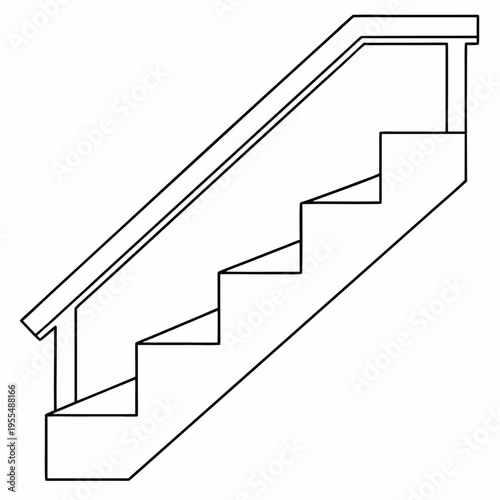 staircase with handrail and steps line art vector illustration on transparent background