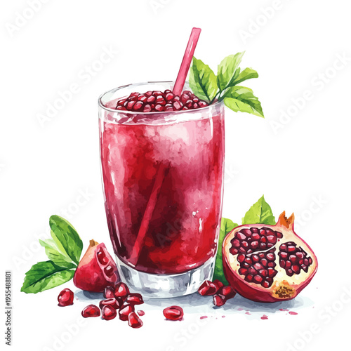 Pomegranate Juice, watercolor artwork with intricate patterns and vibrant, isolated on a white background.