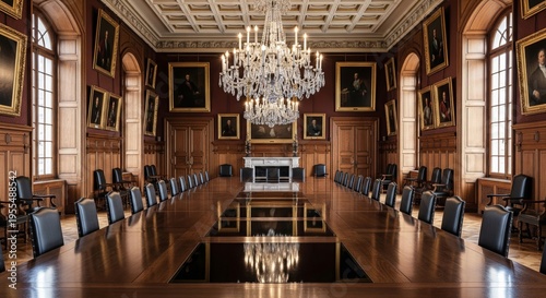 Grand historical boardroom with wooden table and crystal chandelier