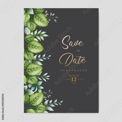 Watercolor green leaf background and template.used wedding birthday and funeral invitations 