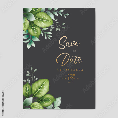 Watercolor green leaf background and template.used wedding birthday and funeral invitations 