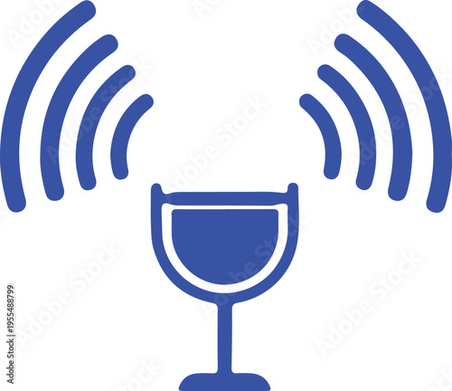 A blue icon of a wine glass emitting radiating sound wave signals on a plain white background isolated on transparent background, Vector