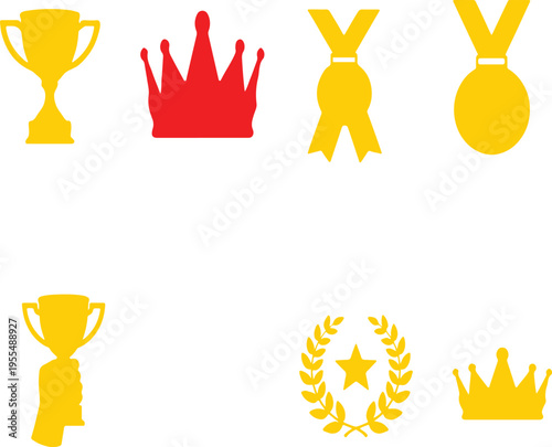 A collection of yellow and red icons representing various awards trophies crowns and medals set isolated on transparent background, Vector