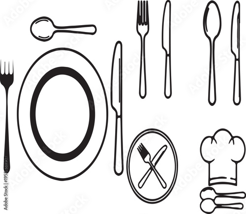 A collection of black and white line art illustrations featuring various kitchen and dining items isolated on transparent background, Vector