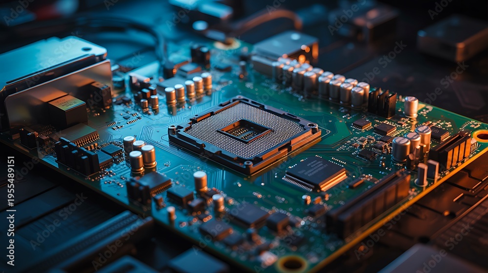 Obraz premium Close up of computer motherboard with central processor chip and electronic components in modern technology concept