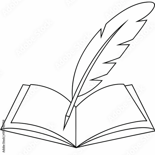 feather quill inside book line art vector illustration on transparent background