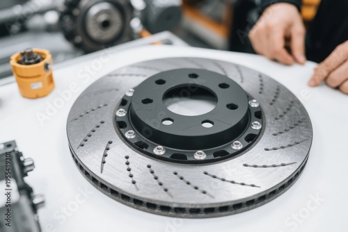 Close-up of a ventilated brake disc on a workbench with hands nearby, indicating automotive repair or maintenance.