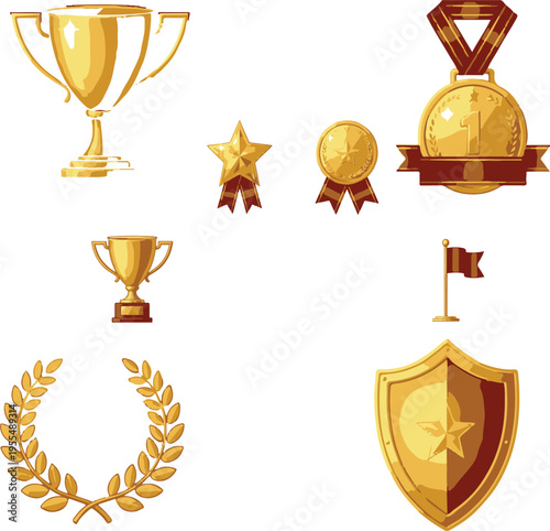 A collection of golden award icons featuring trophies medals stars a flag and a laurel wreath. isolated on transparent background, Vector