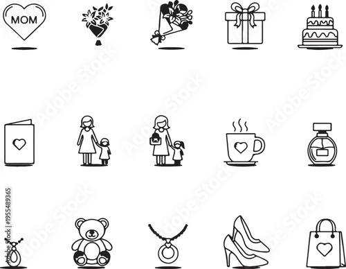 A collection of black and white line art icons representing mother day gifts and family moments isolated on transparent background, Vector