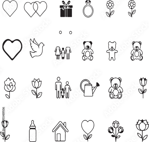 A collection of assorted black and white line art icons depicting symbols of love and family life. isolated on transparent background, Vector