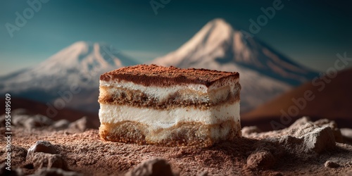 Tiramisu Dessert Slice in a Dramatic Mountain Landscape