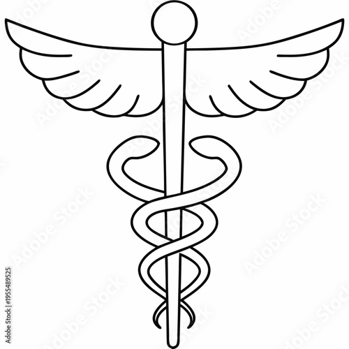 caduceus staff with two snakes line art vector illustration on transparent background