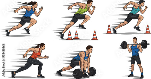 Athlete Training and Fitness Set with Running, Sprinting, Weightlifting, and Workout Exercises for Sports Illustration, Gym Design, and Active Lifestyle Concepts