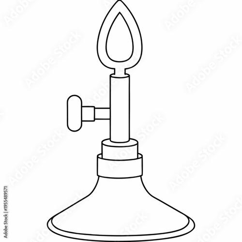 bunsen burner with flame cone line art vector illustration on transparent background