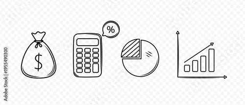 Finance doodle sketch icons. Calculator, money bag, coins, banknote dollars. Financial diagram. Financial growth schedule