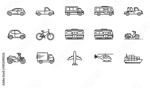 Editable transport and vehicle line icon set with delivery and public mobility symbols for responsive web and app design