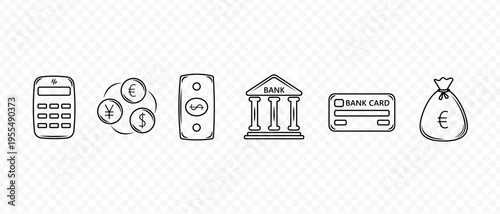 Finance doodle sketch icons. Calculator, money bag, coins, banknote dollars. Debit card or credit card 