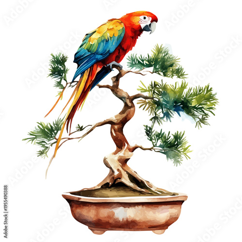 Parrot Tree Bonsai, watercolor painting with colorful accents, isolated on a white background.