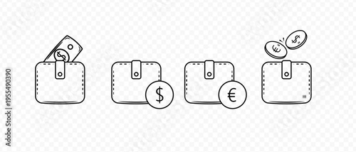 Banknotes in the wallet. The sketch of a coin-filled wallet or wallet icon. Hand-drawn Dollar or euro wallet