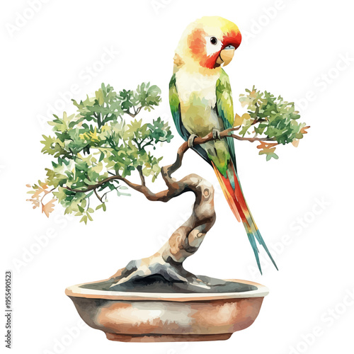 Parrot Tree Bonsai, watercolor artwork with intricate patterns and vibrant, isolated on a white background.