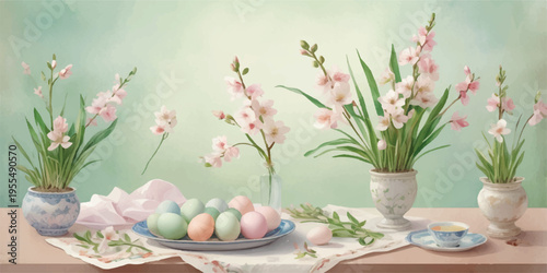 Easter eggs with colorful spring flowers in a vase on a soft background