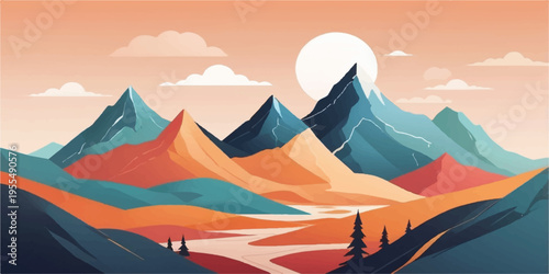 Mountain landscape with sunset sky, desert hills, pyramids and camel silhouette in a colorful nature scene